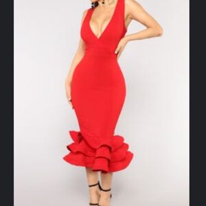 Fashion Nova Red Ruffled Tiered Midi Dress
